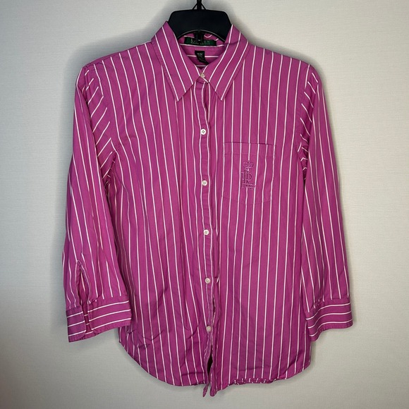 Lauren Ralph Lauren Tops - Lauren Ralph Lauren Pink White Stripe Button Down Shirt Embroidered Women M Prep